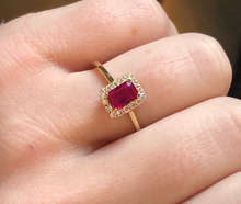 Load image into Gallery viewer, Emerald Cut Ruby Ring with Diamond Halo

