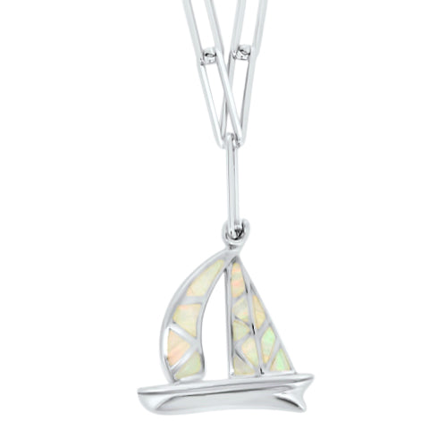 Sterling Silver and Created Mother of Pearl Okoboji Sailboat Necklace