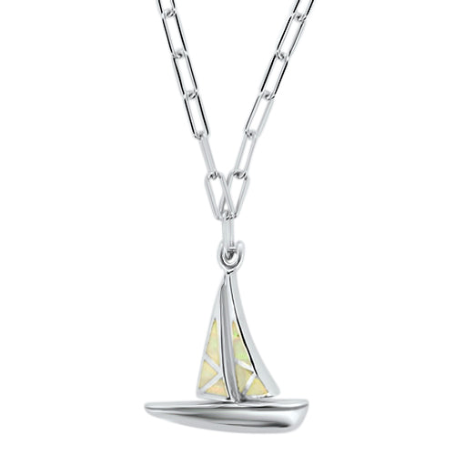 Sterling Silver & Created Mother of Pearl Okoboji Sailboat Necklace