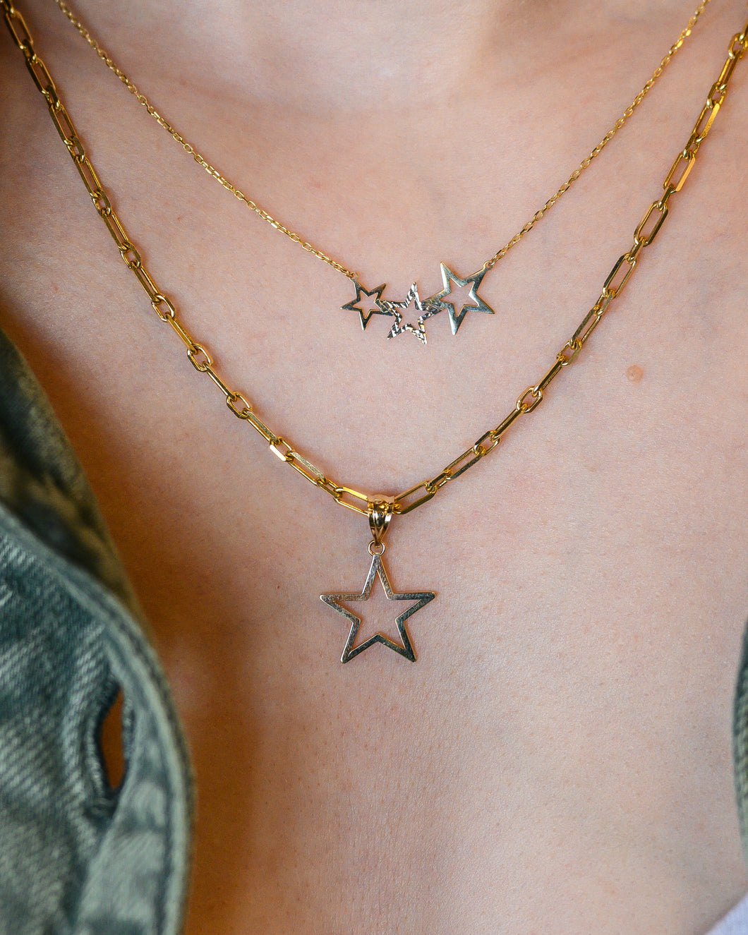 Three Star Yellow and White Gold Necklace