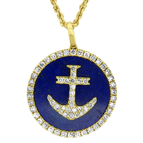 Yellow Gold Lapis & Diamond Anchor Necklace