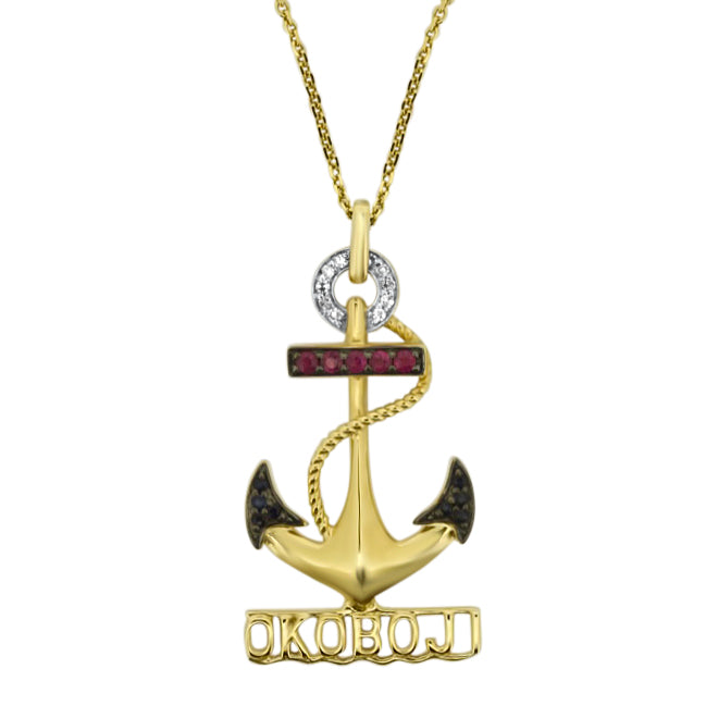 14K Yellow Gold Diamond, Ruby, and Sapphire Okoboji Anchor Pendant