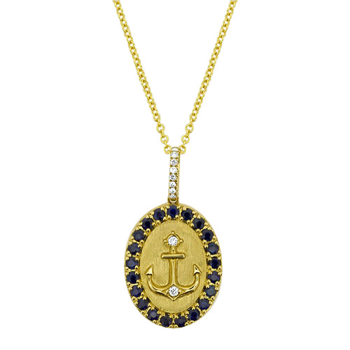 14K Yellow Gold Diamond & Sapphire Anchor Pendant