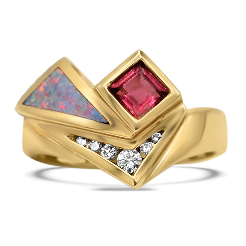 Pink Tourmaline, Opal, and Diamond Ring