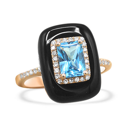 Black Onyx, Blue Topaz, and Diamond Ring