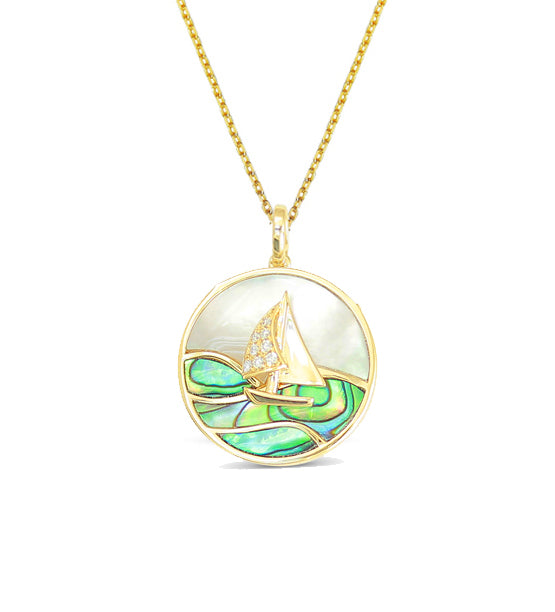 Abalone, Mother of Pearl and Diamond Sailboat Necklace