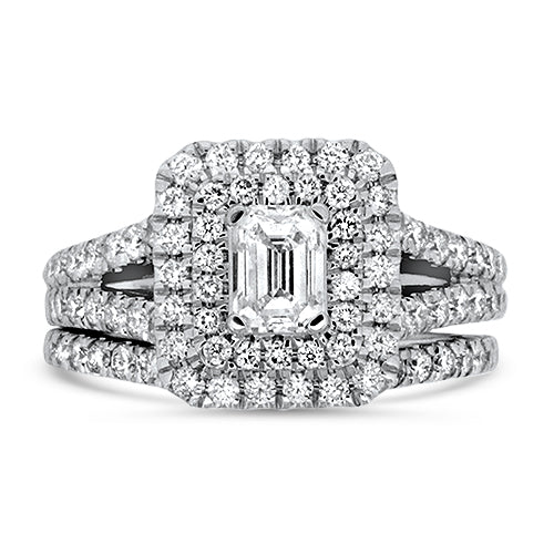Emerald Cut Diamond Wedding Set with a Double Halo