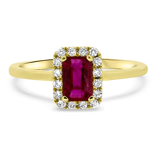 Emerald Cut Ruby Ring with Diamond Halo