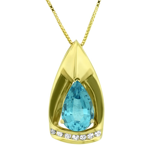 Yellow Gold Blue Topaz and Diamond Pendant
