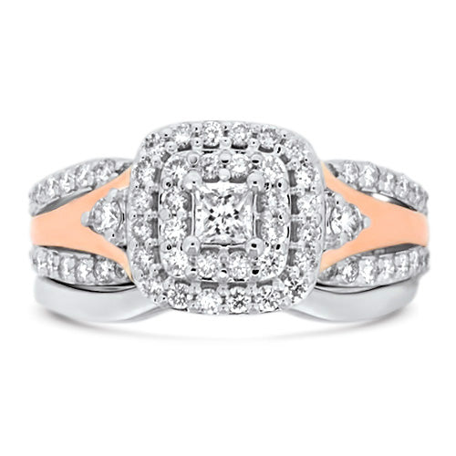 Two Tone Cushion Halo with Princess Cut Diamond Wedding Set