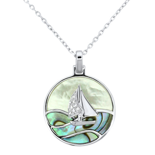 Abalone, Mother of Pearl and Diamond Sailboat Necklace