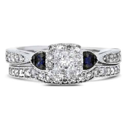 Square Halo with Princess Cut Diamond and Sapphire Wedding Set