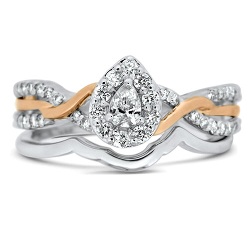 Halo with Pear Cut Diamond Two Tone Wedding Set