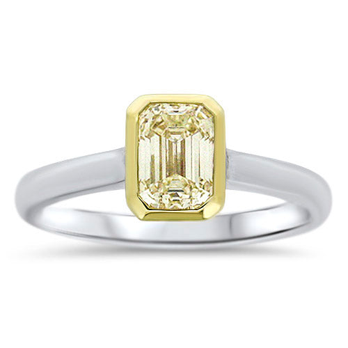 Two Toned Bezel Set Emerald-Cut Yellow Diamond Ring